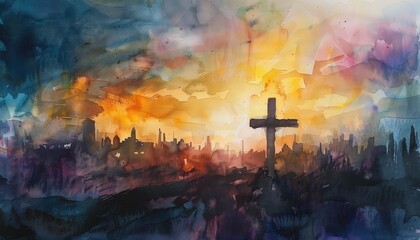 Abstract watercolor painting depicting a city silhouette with a cross against a vibrant sunset background.