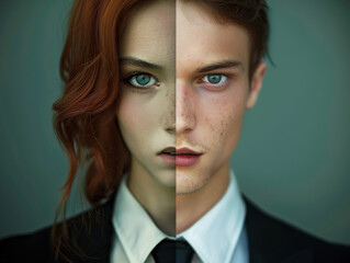 Artistic split portrait of a man and woman in formal attire