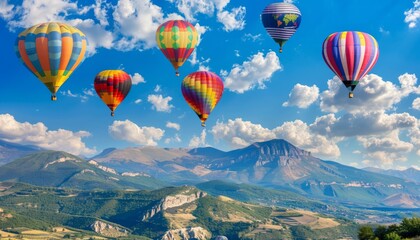 Fototapeta premium Summer Bliss: Vibrant Hot Air Balloon Festival in the Picturesque Countryside Mountains