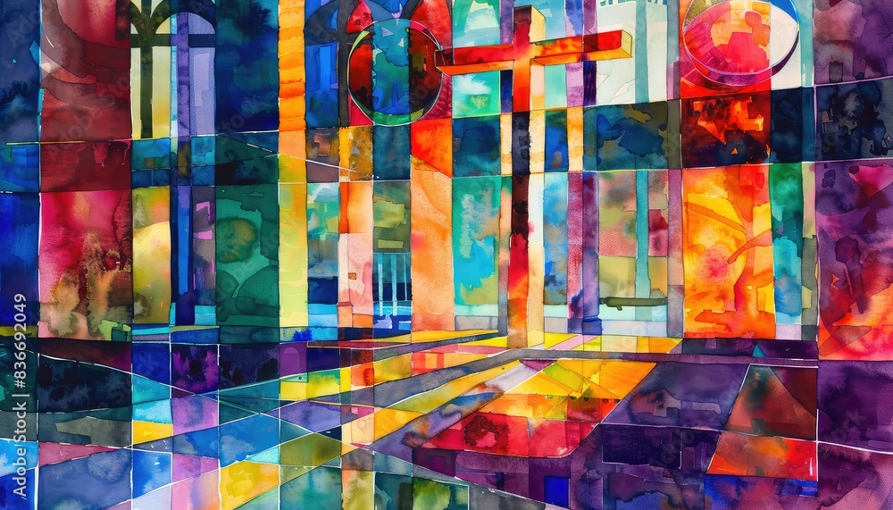 Poster beautiful abstract futuristic digital artwork with colorful geometric patterns and stained-glass win