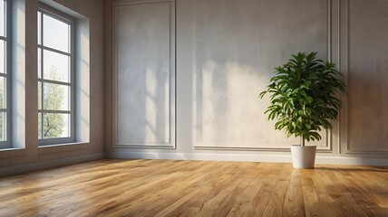 Fototapeta premium Granater AI Empty room with wooden floor and large window, allowing natural light to fill the space.