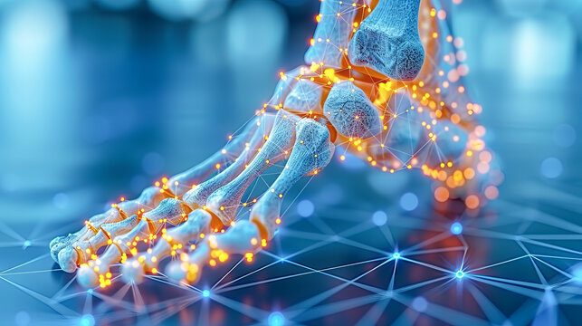 Digital image showcasing a foot skeletal structure with highlighted areas representing physiotherapeutic care
