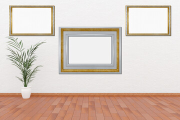 Cornici, quadri vuoti in mostra su muro bianco. Tre cornici con spazio vuoto per inserimento di testo o immagini. Cornici argento e oro. © massimo_g