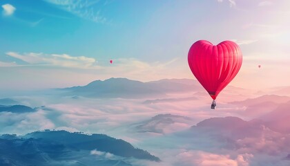 Fototapeta premium Romantic Majesty: A Red Heart Hot Air Balloon Journey on Valentine's Day