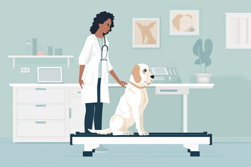 Minimalist vector depiction of pet rehabilitation, featuring a veterinarian helping a dog on a treadmill. The design highlights the importance of rehabilitation and recovery in pet care with clean