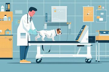 Minimalist vector depiction of pet rehabilitation, featuring a veterinarian helping a dog on a treadmill. The design highlights the importance of rehabilitation and recovery in pet care with clean