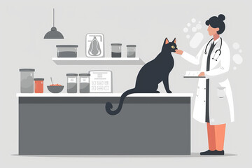 Simplified vector artwork of animal nutrition consultation, depicting a veterinarian advising a pet owner on proper diet for their cat. The design emphasizes the importance of balanced nutrition in