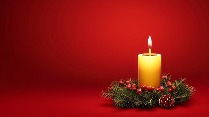 red background with candles in a Christmas wreath with space for text.