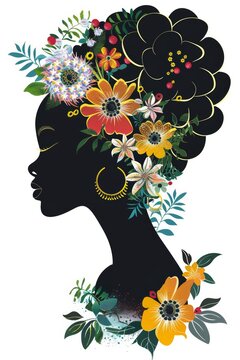 recommend clip art: Stylish African American Woman Portrait with Floral Hair Generative AI