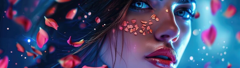 An abstract blur of blue and pink light particles creates a dreamy bokeh effect, evoking tranquility and wonder.