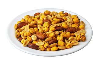 Roasted peanuts, corn and almonds on a plate