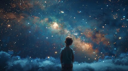 Obraz premium Child looks up at the stars at night, Dreaming, Night Sky.