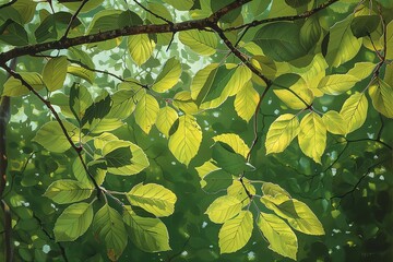 Sunlight filters through a canopy of green leaves, creating a dappled light effect.