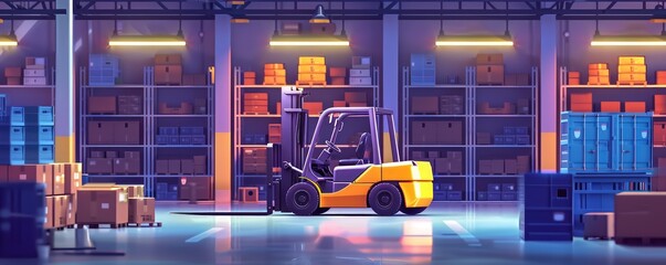 A brand new orange forklift parked in a modern warehouse ready for work.