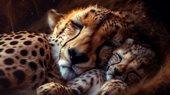 close up of a cheetah mom and her cub
