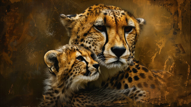 close up of a cheetah mom and her cub