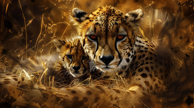 close up of a cheetah mom and her cub