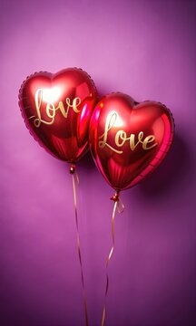 Fototapeta Two Metallic Red Heart-Shaped Balloons With Love Inscriptions Against a Purple Background. Generative AI