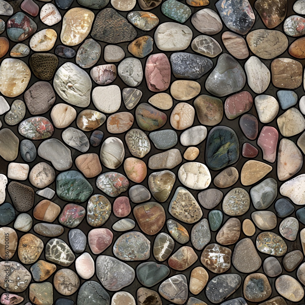 Poster a seamless pattern with various photo realistic pebble and cobblestone textures