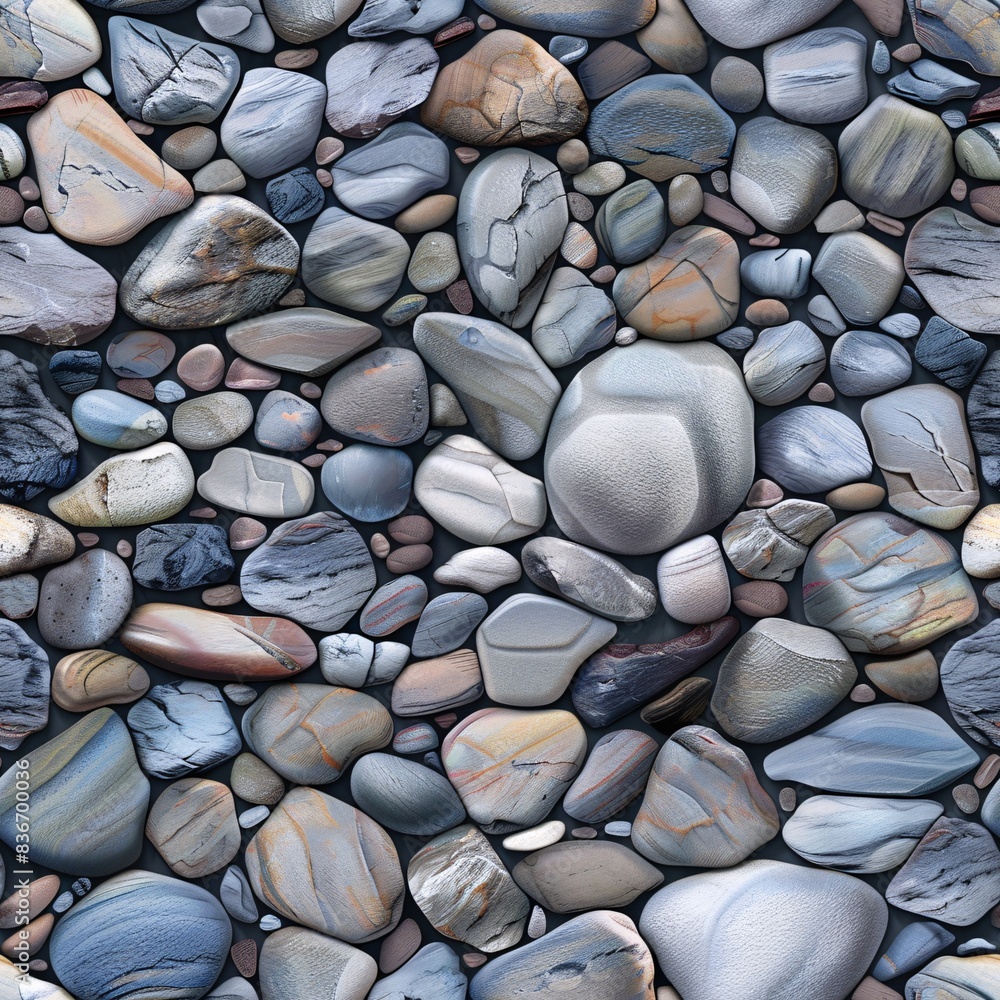 Poster a seamless pattern with various photo realistic pebble and cobblestone textures