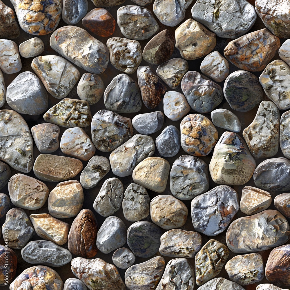 Poster a seamless pattern with various photo realistic pebble and cobblestone textures