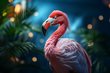 Fototapeta premium Pink flamingo on a dark blue background with palm trees and bokeh