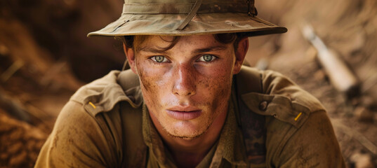 Fototapeta premium Australian WWI Soldier with Determined Gaze
