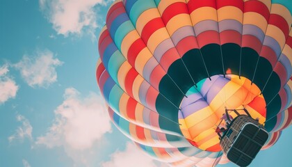Fototapeta premium Vibrant Skies: The Spectacular Journey of a Bright Multi-Colored Hot Air Balloon