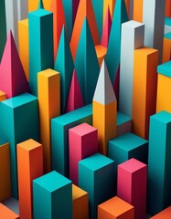 An arrangement of vibrant geometric shapes in various colors and sizes, forming a visually striking abstract art piece. The sharp angles and contrasting hues create a dynamic and modern aesthetic.. AI