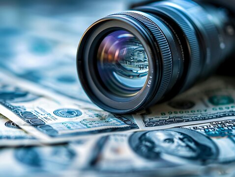 Camera lens on money stack