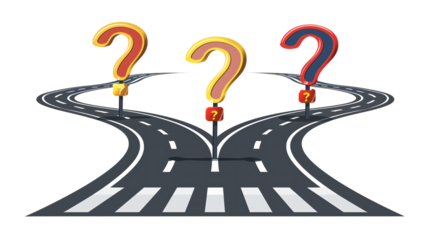 Roads merging into one with question mark on the end isolated on transparent background