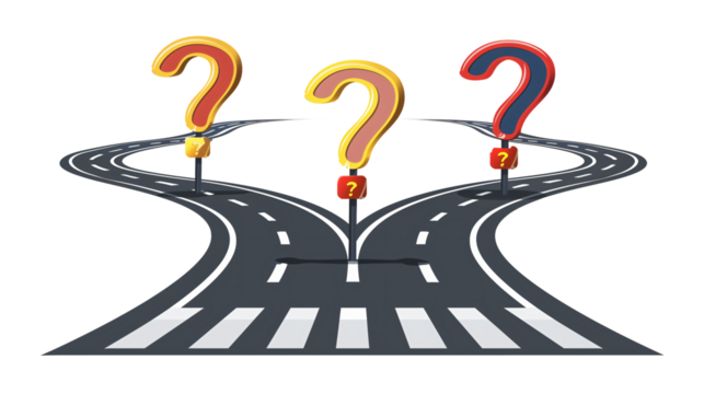 Roads merging into one with question mark on the end isolated on transparent background
