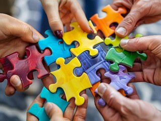 Group holding colorful puzzle pieces in a circle