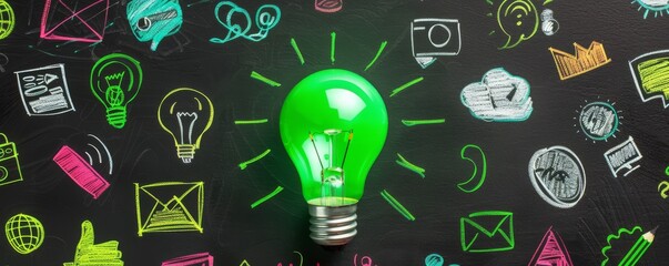 Bright green light bulb symbolizing creativity, with colorful hand-drawn icons on a blackboard background, representing ideas and innovation.