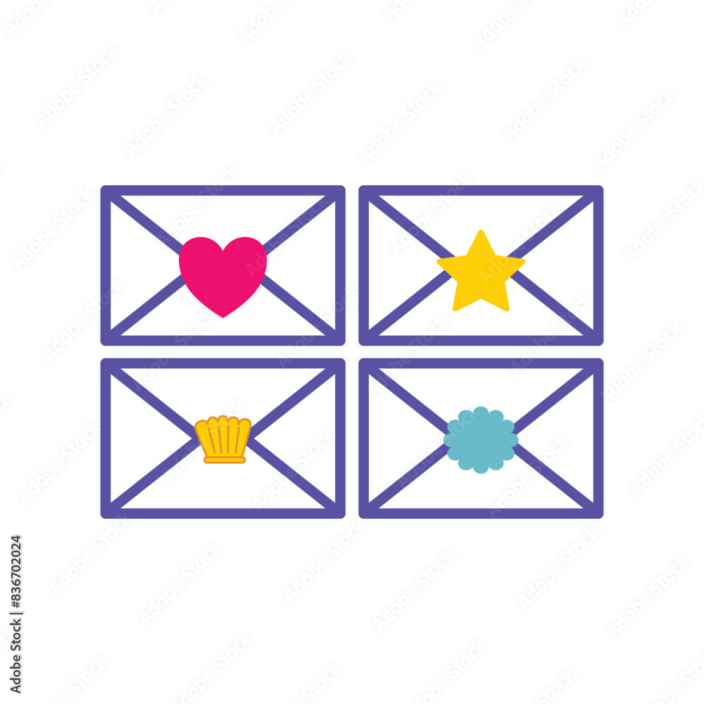 Poster illustration of an envelope icon decorated with hearts, stars, shells and clouds. message icon desig