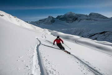 Skier tracks in fresh snow alone on the italian alps