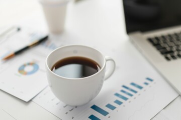 Cup of coffee on a desk with business charts and a laptop, depicting a workspace environment focused on analysis and productivity.
