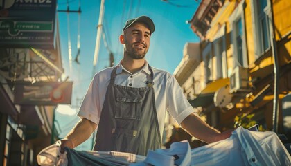 Professional laundry service worker returning clean clothes to customer on sunny day
