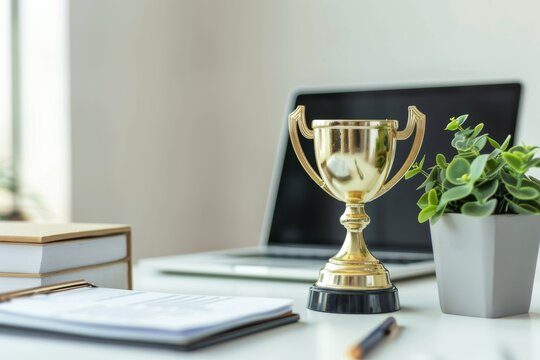 Golden trophy on an office desk with a laptop and potted plant, symbolizing achievement, success, and motivation in a professional workspace.