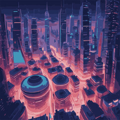 Step into the future with this captivating digital illustration of a neon-lit cityscape. Skyscrapers and futuristic vehicles create a dynamic scene that embodies innovation and progress.