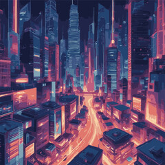 Step into the future with this captivating digital illustration of a neon-lit cityscape. Skyscrapers and futuristic vehicles create a dynamic scene that embodies innovation and progress.