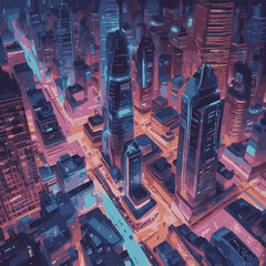 Step into the future with this captivating digital illustration of a neon-lit cityscape. Skyscrapers and futuristic vehicles create a dynamic scene that embodies innovation and progress.