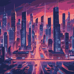 Step into the future with this captivating digital illustration of a neon-lit cityscape. Skyscrapers and futuristic vehicles create a dynamic scene that embodies innovation and progress.