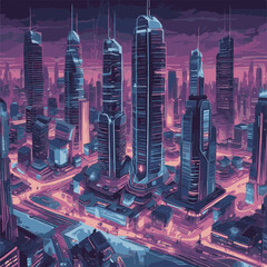 Step into the future with this captivating digital illustration of a neon-lit cityscape. Skyscrapers and futuristic vehicles create a dynamic scene that embodies innovation and progress.