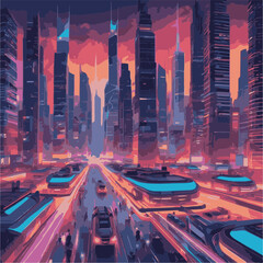 Step into the future with this captivating digital illustration of a neon-lit cityscape. Skyscrapers and futuristic vehicles create a dynamic scene that embodies innovation and progress.