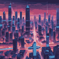 Step into the future with this captivating digital illustration of a neon-lit cityscape. Skyscrapers and futuristic vehicles create a dynamic scene that embodies innovation and progress.