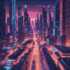 Step into the future with this captivating digital illustration of a neon-lit cityscape. Skyscrapers and futuristic vehicles create a dynamic scene that embodies innovation and progress.