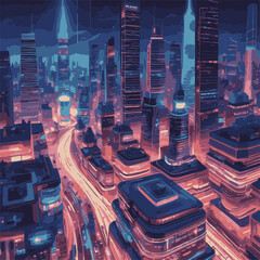 Step into the future with this captivating digital illustration of a neon-lit cityscape. Skyscrapers and futuristic vehicles create a dynamic scene that embodies innovation and progress.