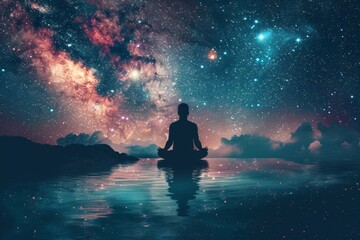 Man meditating under stars, full moon, milky way, universe, colorful night sky with falling star