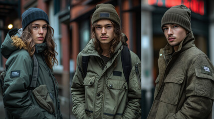 Fototapeta premium Urban Explorer Collage: Features cargo pants, a utility jacket, combat boots, and a beanie for an edgy urban look perfect for city adventures. 